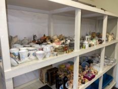 Two full shelves of china, novelty teapots, collectors plates, Piggin Pigs, tableware, Hine Brandy,