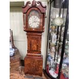 Antique mahogany cased eight day longcase clock having painted arched dial, 225cm.