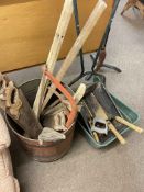Vintage flour bin, hand tools and Qualcast Push Mower.