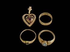 Two 18 carat gold rings, 9 carat gold ring and 10 carat gold pendant (4).