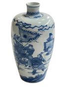 Chinese blue and white vase decorated with warriors and figures in landscape,