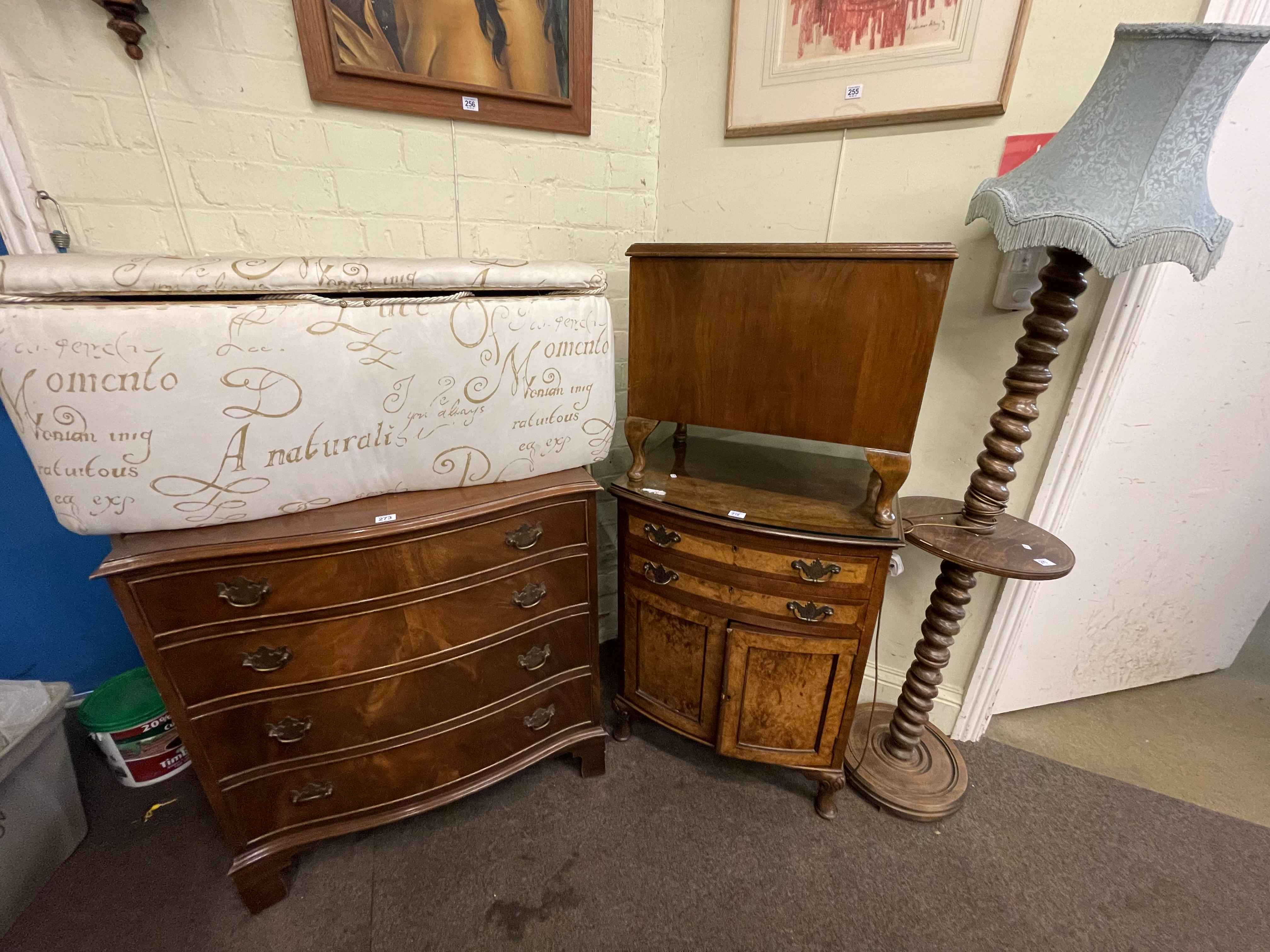 Mahogany four drawer serpentine front chest, walnut two drawer bow front cabinet,