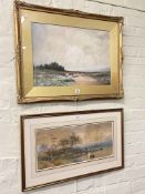 G Ashworth, Shepherd and Sheep on Moorland, framed watercolour, and J Earle, River Scene,