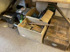 Collection of tools including table saw, hand tools, wooden box, etc.