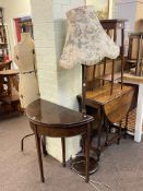 Mahogany demi lune fold top card table, oak barley twist gate leg table, standard lamp and shade,