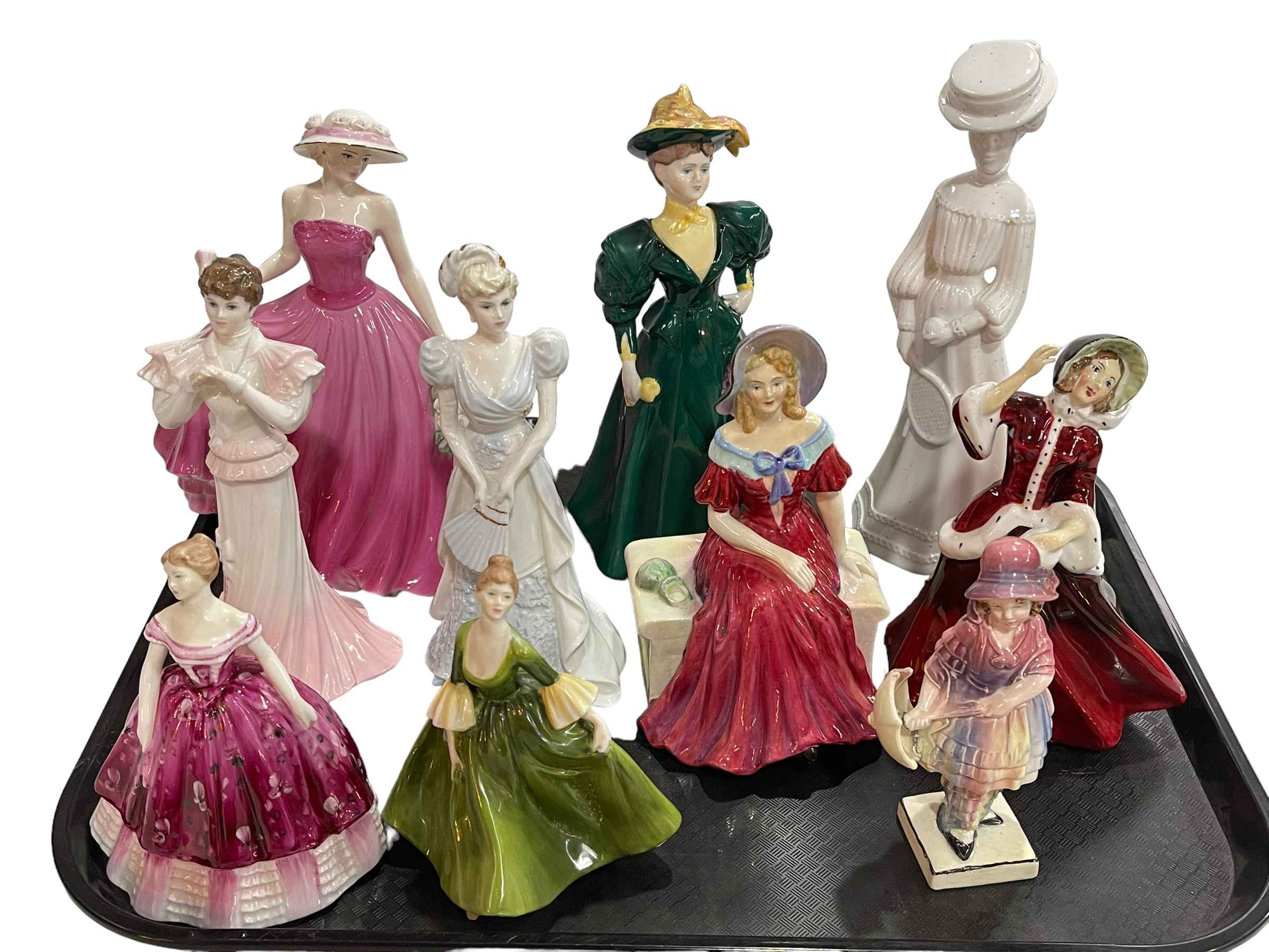 Six Coalport ladies, small Katzhutte figure, Paragon Ursula, Staffordshire and Spode figures.