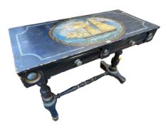Pine two drawer side table painted HMS Hepworth, 74.5cm by 107cm by 48cm.