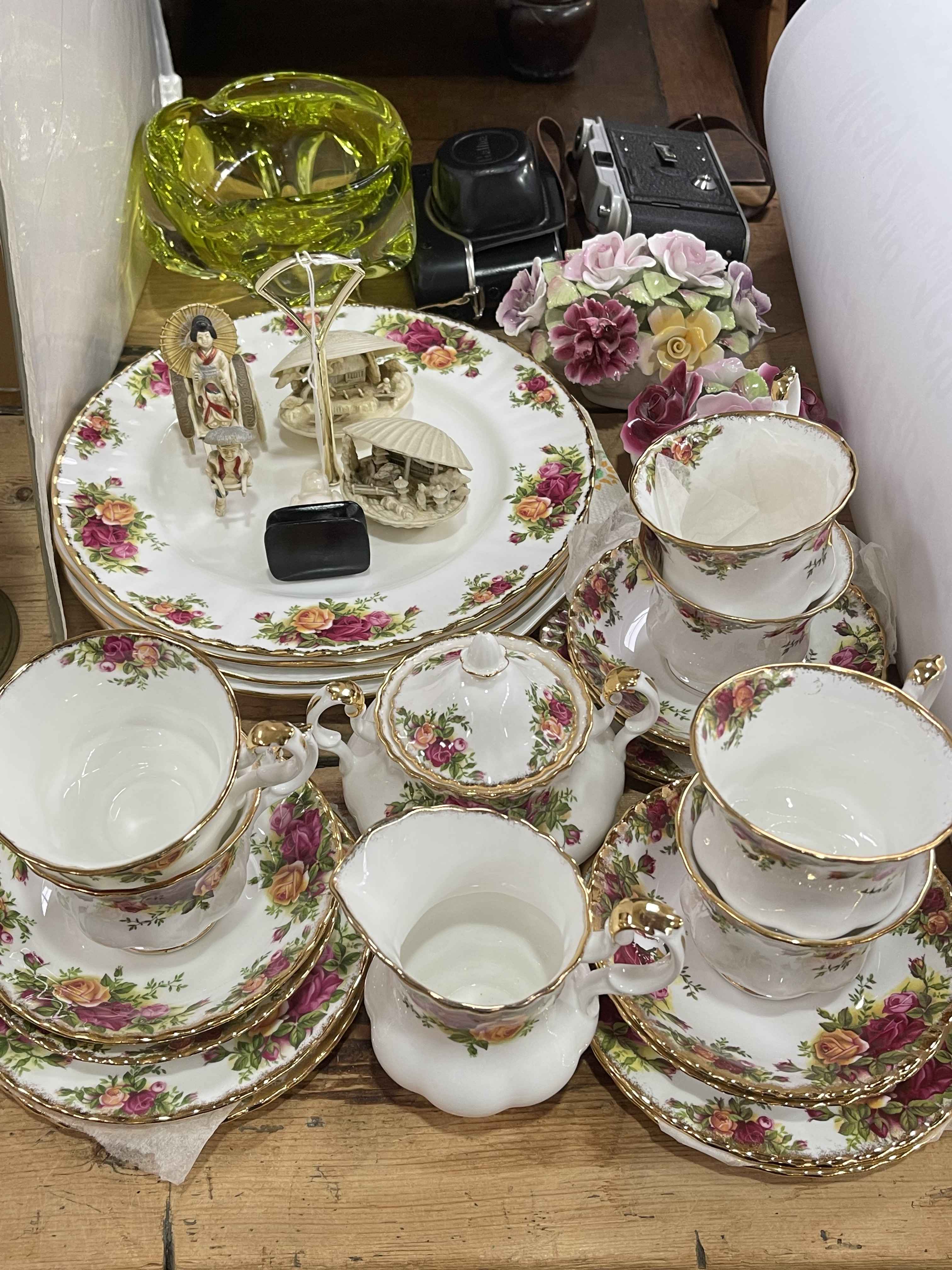 Collection of Royal Albert Old Country Roses, cameras, glass bowl, etc.