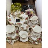Collection of Royal Albert Old Country Roses, cameras, glass bowl, etc.