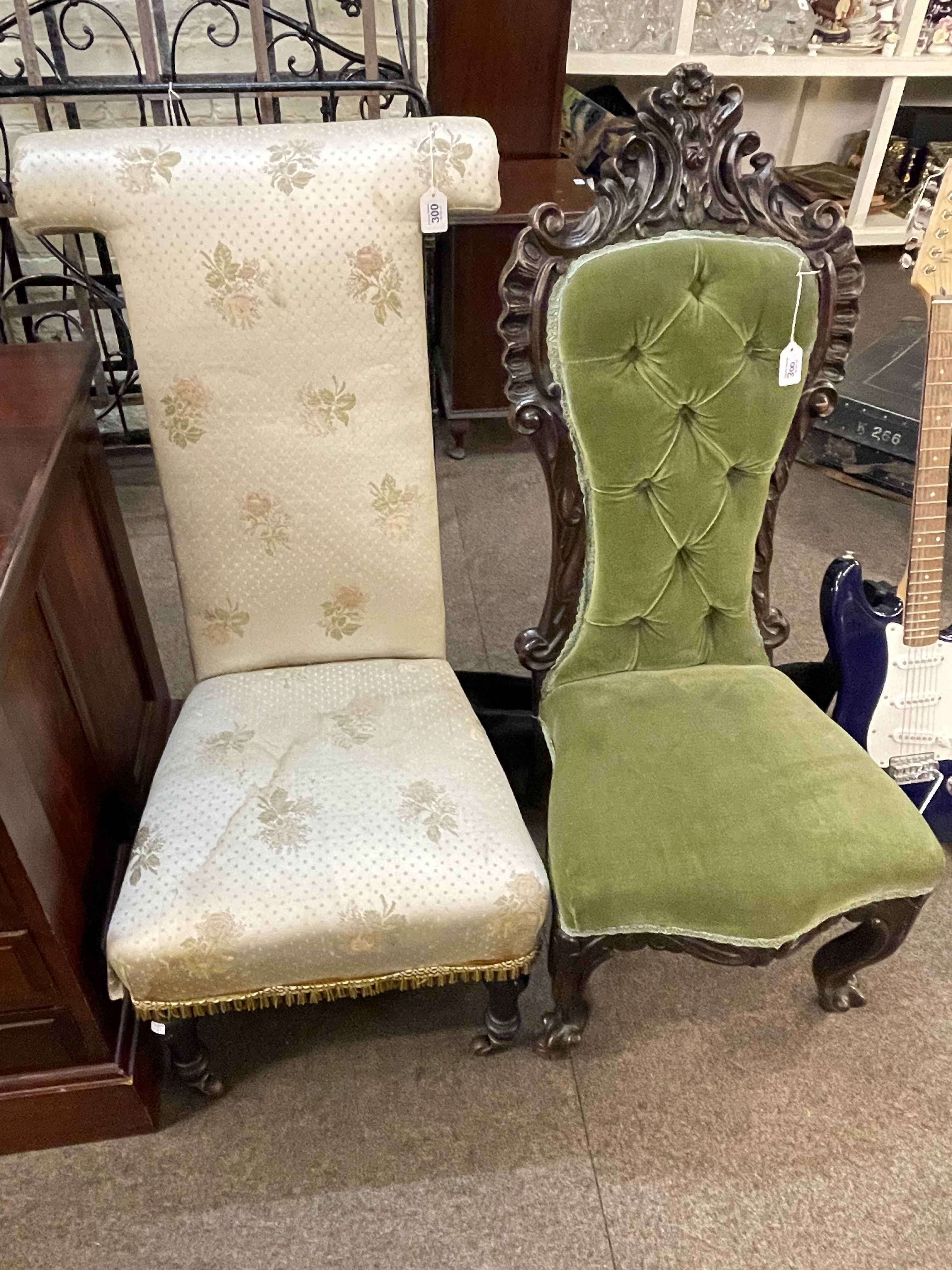 Victorian ebonised prie dieu chair and Victorian carved nursing chair (2).