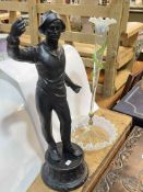 Vaseline glass epergne and a spelter figure.