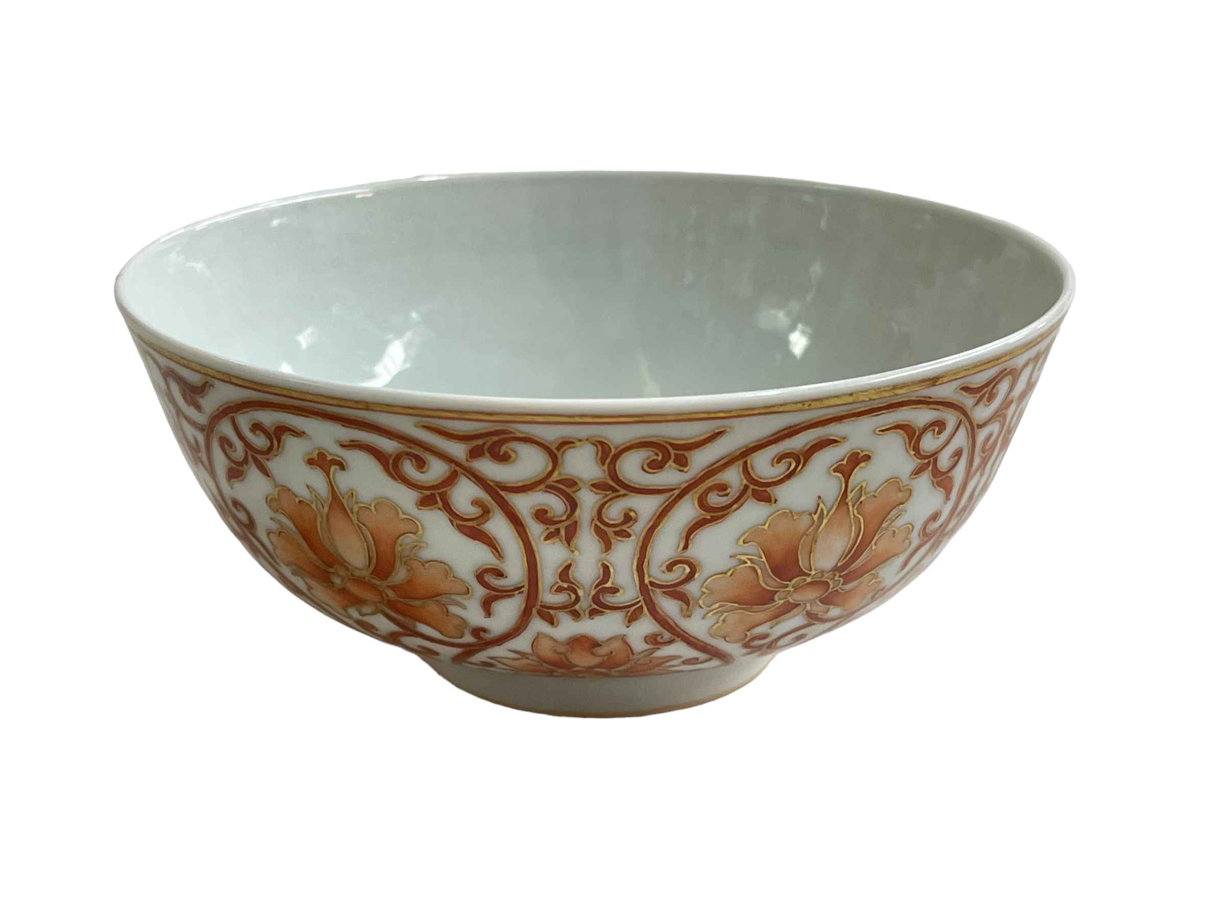 Chinese bowl decorated with iron red floral pattern and internal bats, four character mark to base,