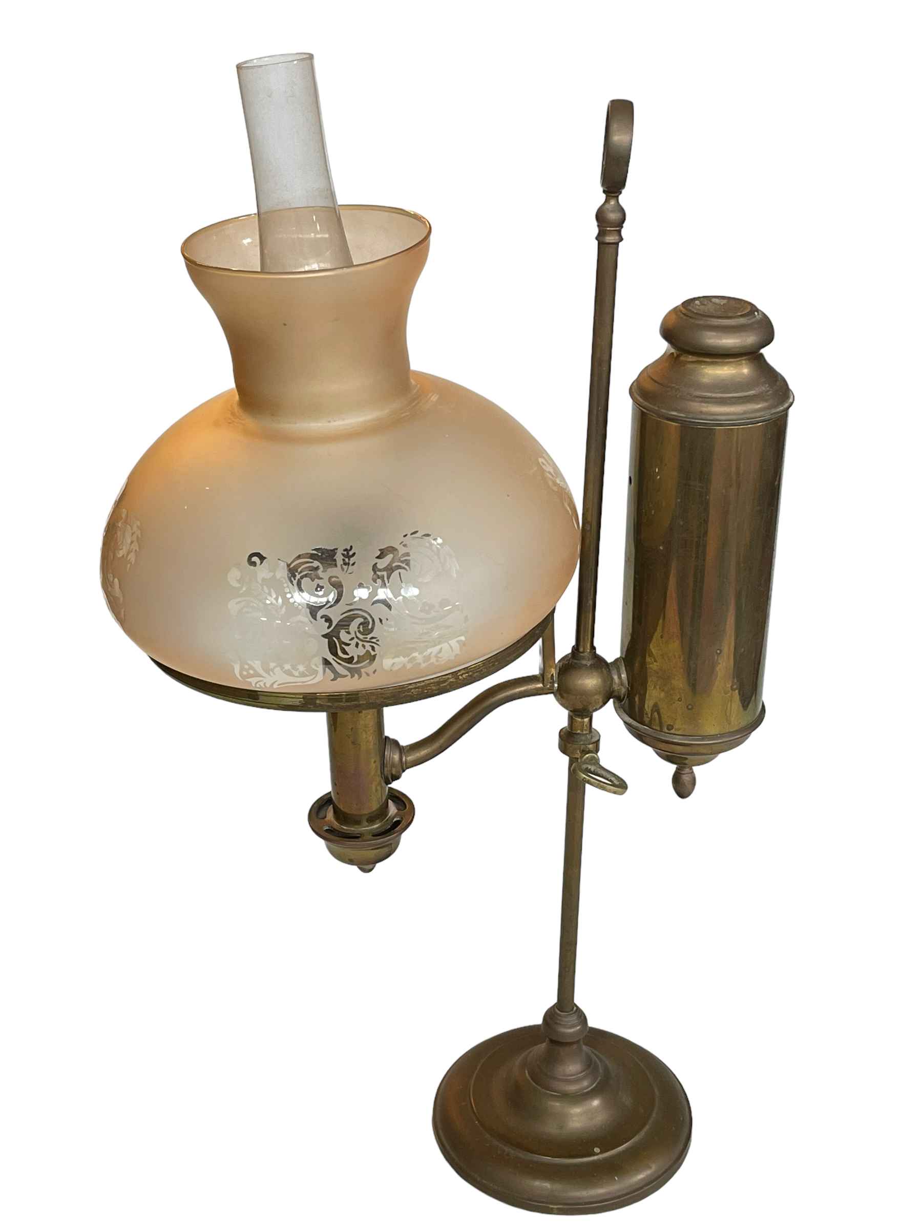 Vintage brass student oil lamp with etched glass shade, 54cm.