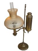 Vintage brass student oil lamp with etched glass shade, 54cm.