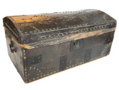 Antique studded leather dome top box, 26.5cm by 56cm by 30cm.