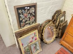 Collection of seven framed needleworks and collection of various mirrors.