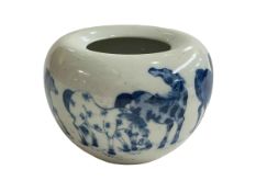 Chinese blue and white brush washer decorated with horses, blue seal mark to base.