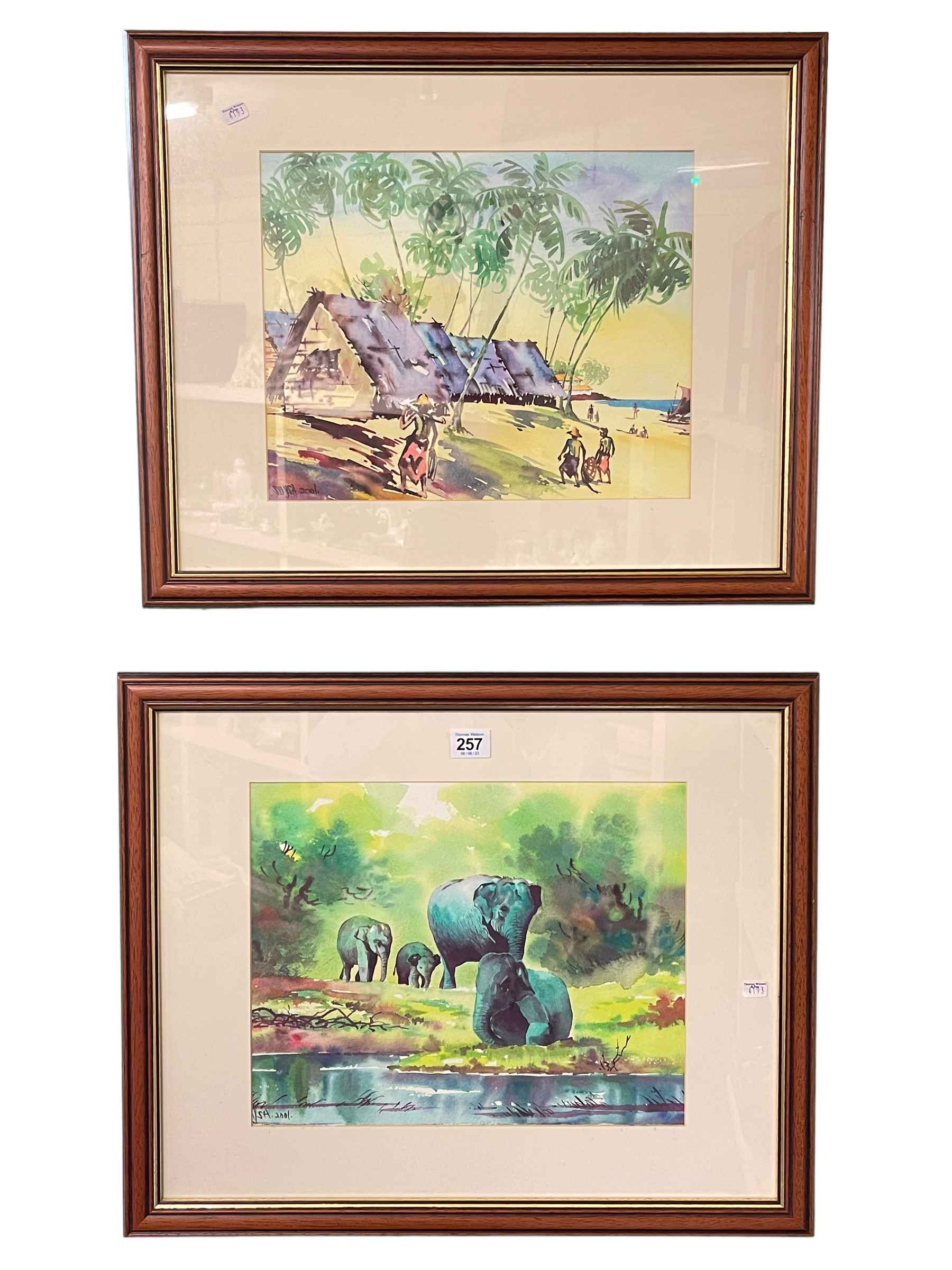 Soysa, Megambo Beach and Elephant Orphanage, pair Sri Lankan watercolours,