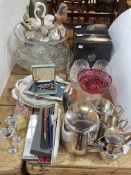 Two silver candle holders, Goebel bird figurines, pens, Stuart Crystal, etc.