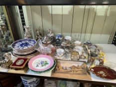 Collection of decorative porcelain, metalwares, figurines, cut glass table lamp, etc.