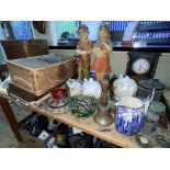 Collection of items including oak perpetual calendar, slate mantel clock, porcelain,