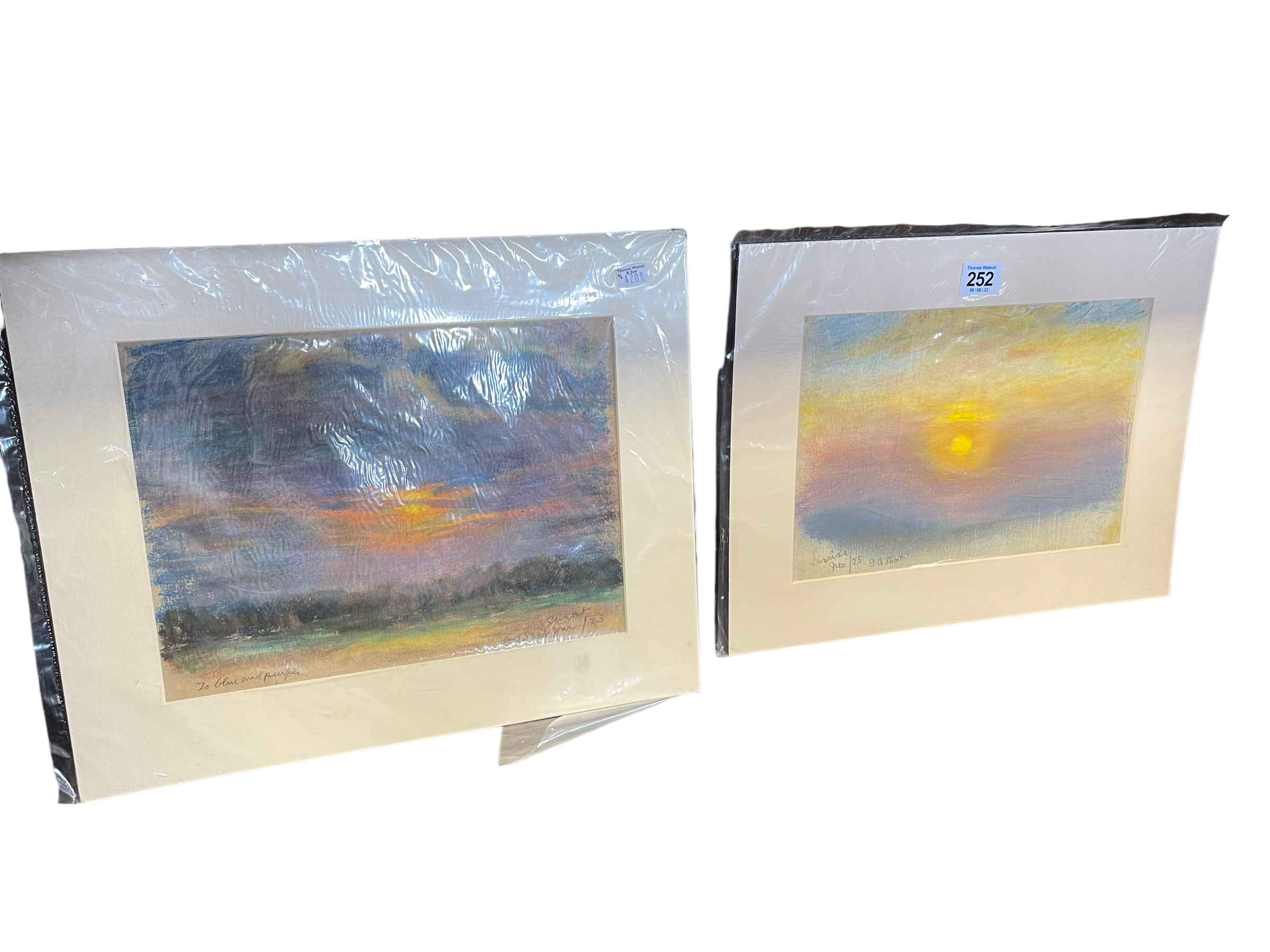 George Anderson Short, Sunrise and Sunset, pair mounted pastels, both signed and dated,