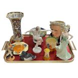 Tray lot with Herend naked dancer, Royal Doulton Mozart, Coalport Angelica, Copenhagen duck, etc.