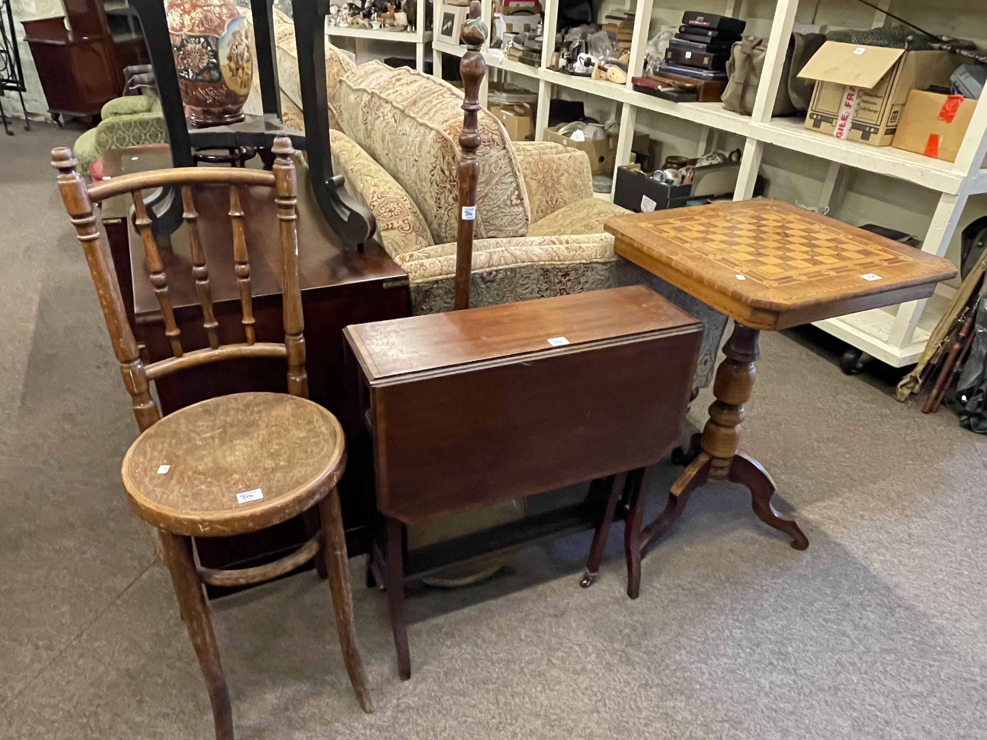 Inlaid walnut pedestal games table, Edwardian mahogany Sutherland table, Bentwood chair,