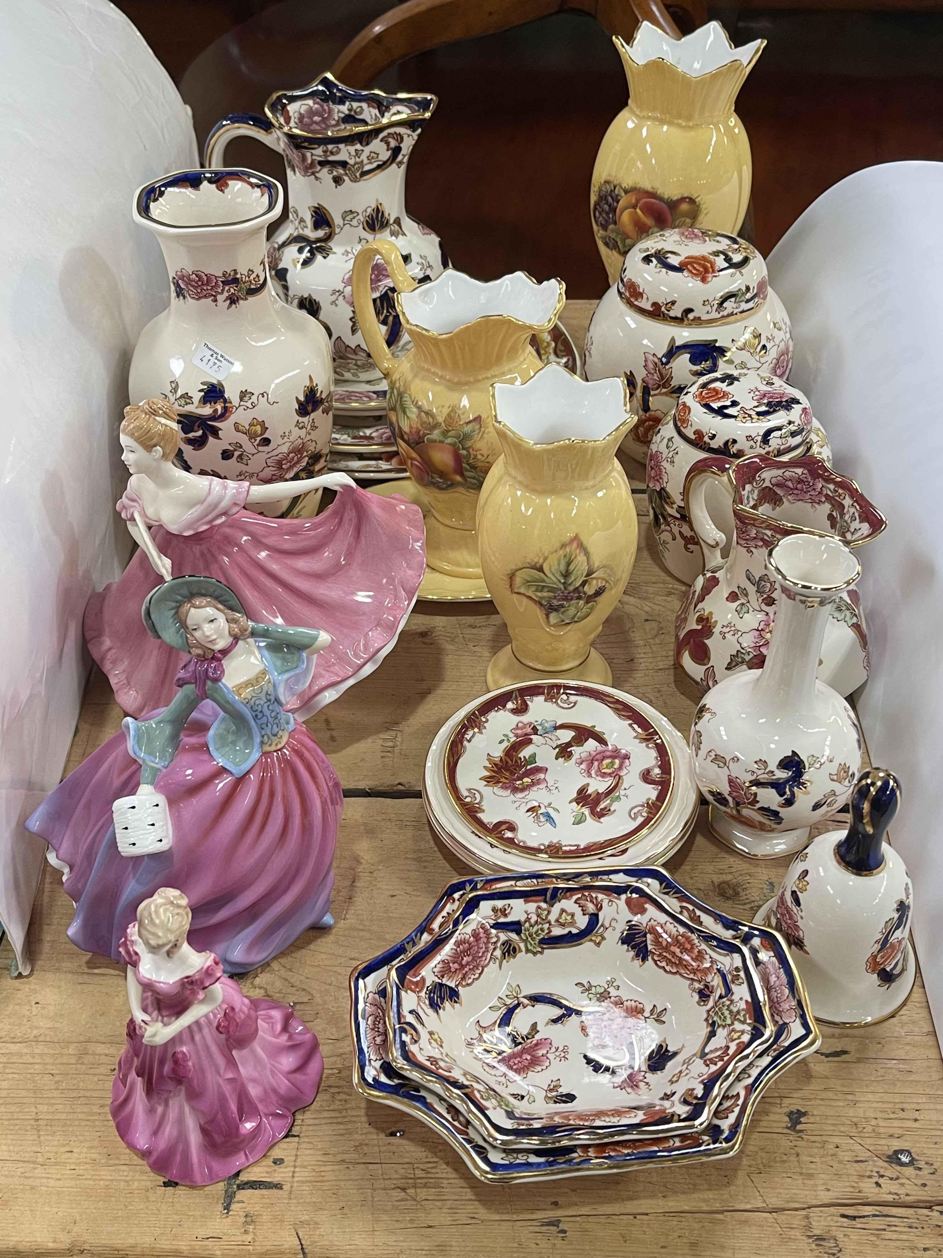 Aynsley Orchard Gold, Masons Mandalay, two Royal Doulton and a Coalport lady figurines, etc.