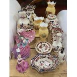 Aynsley Orchard Gold, Masons Mandalay, two Royal Doulton and a Coalport lady figurines, etc.