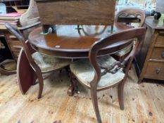 Victorian circular mahogany loo table and four balloon back dining chairs (3x1).