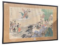 Chinese watercolour on silk depicting figures offering gifts to gods, framed, 69cm by 112cm,