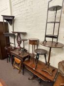 Two fold top tables, pair carved oak triangular tables, sewing chair, three legged stool,