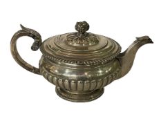 George III Scottish silver part fluted teapot with gadroon border, Edinburgh 1813.