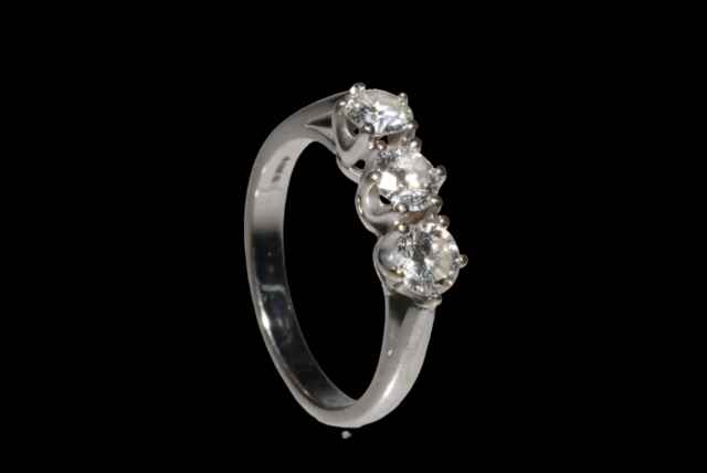 Diamond three stone 18 carat white gold ring, total diamond weight approx 1 carat, size O. - Image 2 of 2