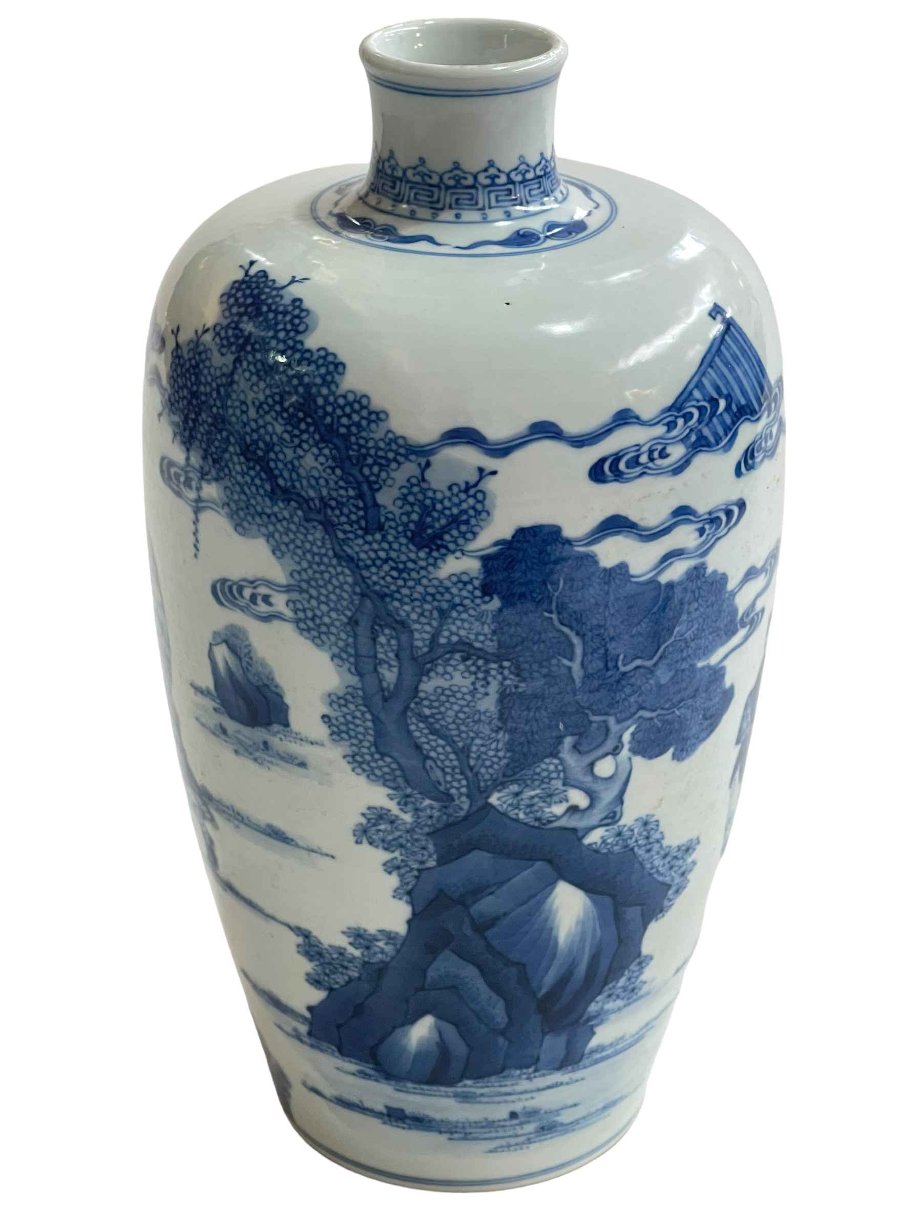 Chinese blue and white vase decorated with warriors and figures in landscape, - Image 3 of 4