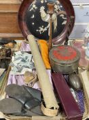 Collection of Asian, African and Indian collectables including papier maché plaque, clogs, etc.