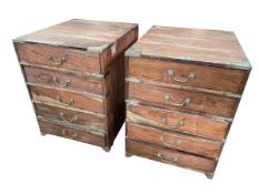 Pair brass bound hardwood five drawer chests, 60cm by 45cm by 53.5cm.