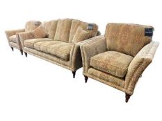 Parker Knoll Kenilworth three piece lounge suite in Baslow Medallion Gold fabric.