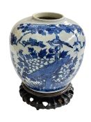 Large Chinese blue and white crackle glazed bulbous vase decorated with birds,