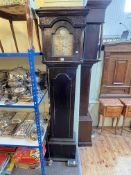 Antique stained wood 30 hour longcase clock having brass arched dial signed Noble, Peterborough,