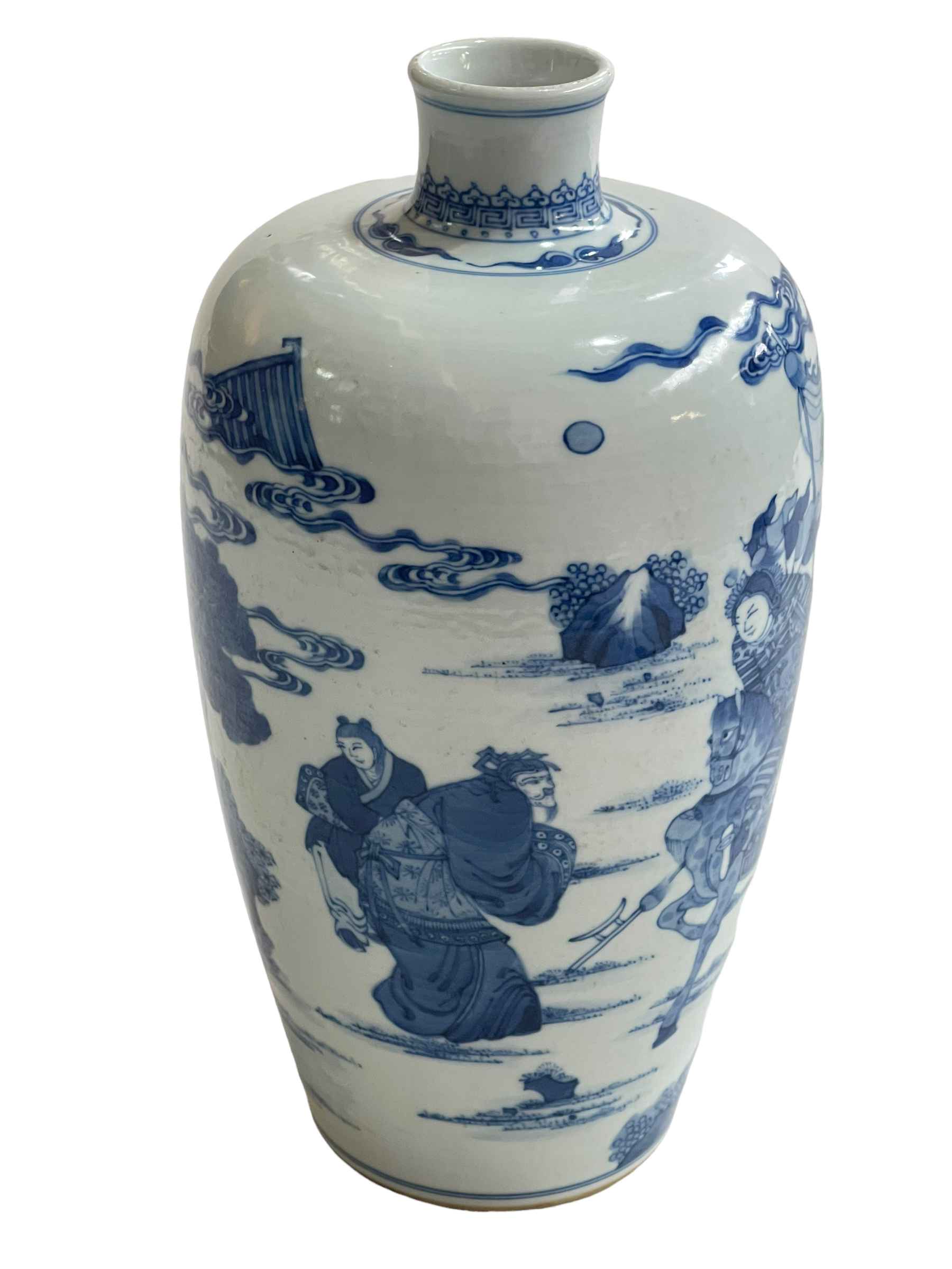 Chinese blue and white vase decorated with warriors and figures in landscape, - Image 2 of 4