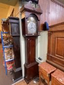 Antique oak cased eight day longcase clock having brass and silvered arched dial, signed Sam Robson,