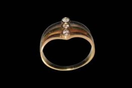 Diamond three stone 18 carat three colour gold ring, size P.