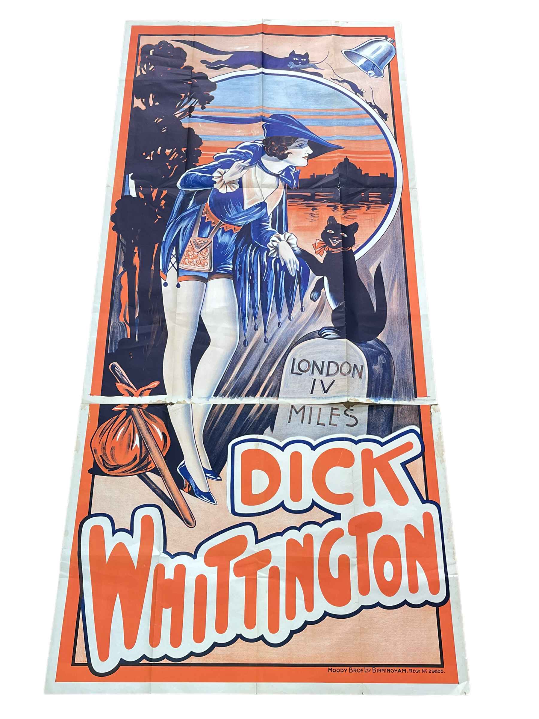 Poster for Dick Whittington in two sections, printed by Moody Brothers, Birmingham, 226cm by 101cm.