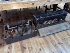 Collection of wood planes, vintage tools, tool box, etc.
