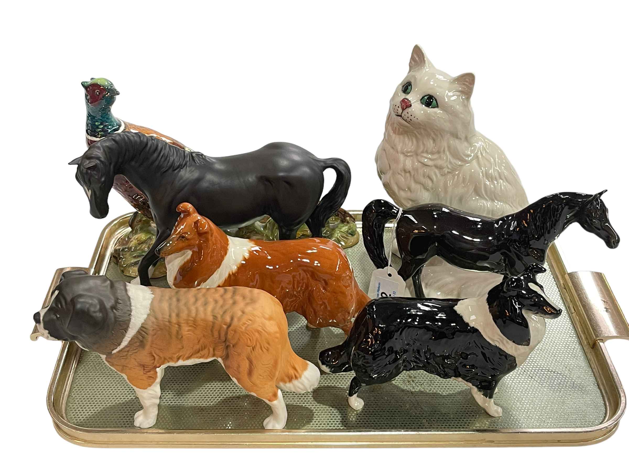 Tray lot with Beswick Pheasant 1225, two horses, three dogs and cat.