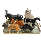 Tray lot with Beswick Pheasant 1225, two horses, three dogs and cat.