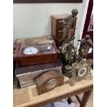 Spelter and marble mantel clock with two sculptures, gilt metal Cupid ornate clock, drawers,