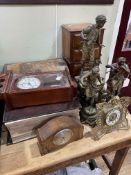 Spelter and marble mantel clock with two sculptures, gilt metal Cupid ornate clock, drawers,